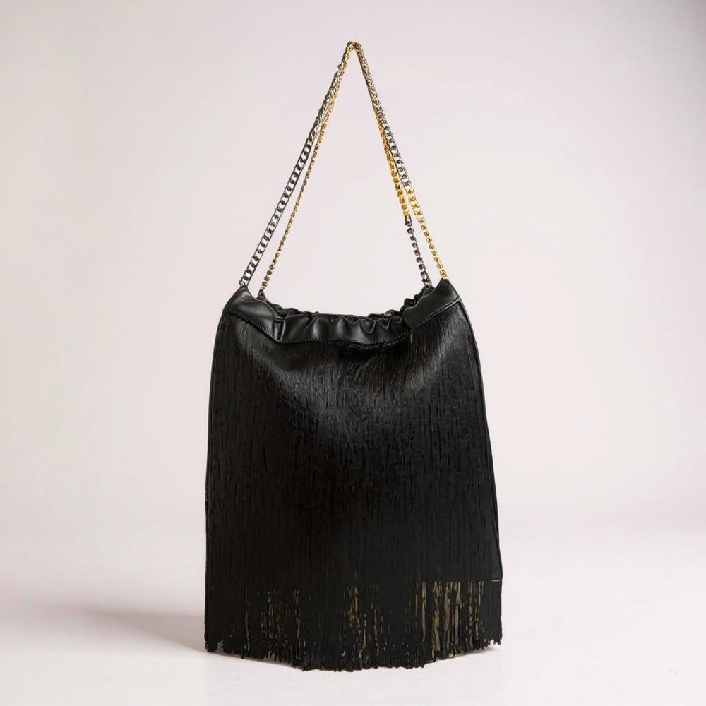Zara Black Fringe Western Shoulder Purse with Silver Gold Chain Link Straps Bag